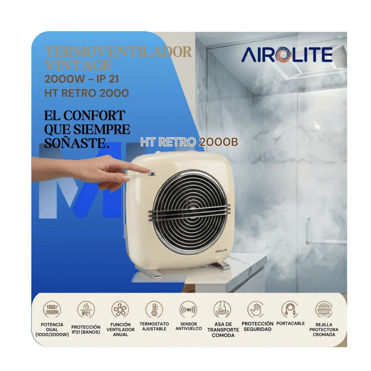 AIROLITE - Termoventilador Vintage Ht Retro 2000b Clásico 2000w Blanco