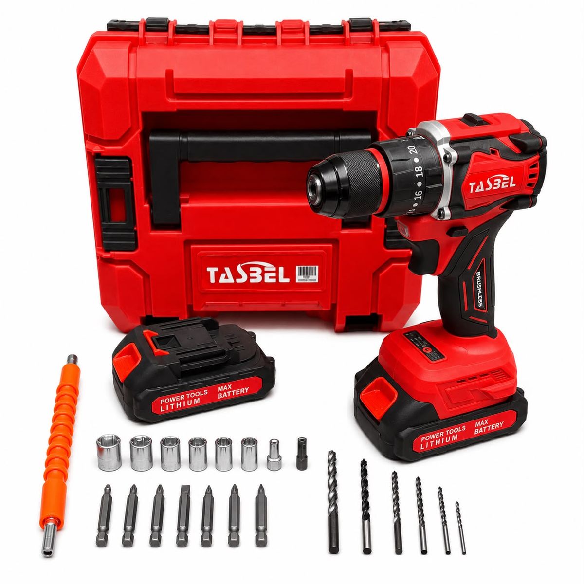 TASBEL - Taladro Rojo Con Accesorios 20v Con 2 Baterías