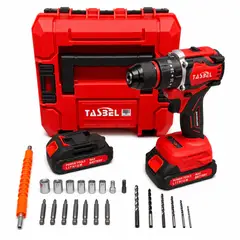 TASBEL - Taladro Rojo Con Accesorios 20v Con 2 Baterías