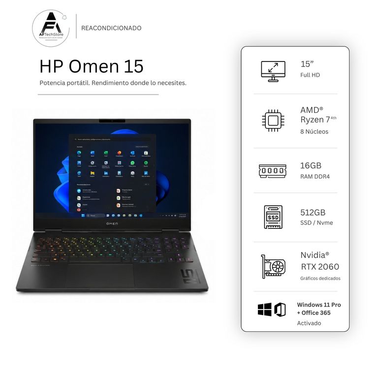 Notebook Omen R7 4800H 16GB 512GB RTX2060 Edición Exclusiva Win Office Reacondicionado