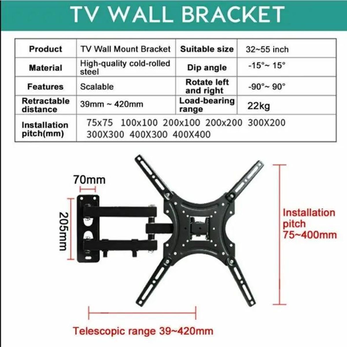 GENERICO - Soporte de pared para TV o monitor 32 a 55 pulgadas negro