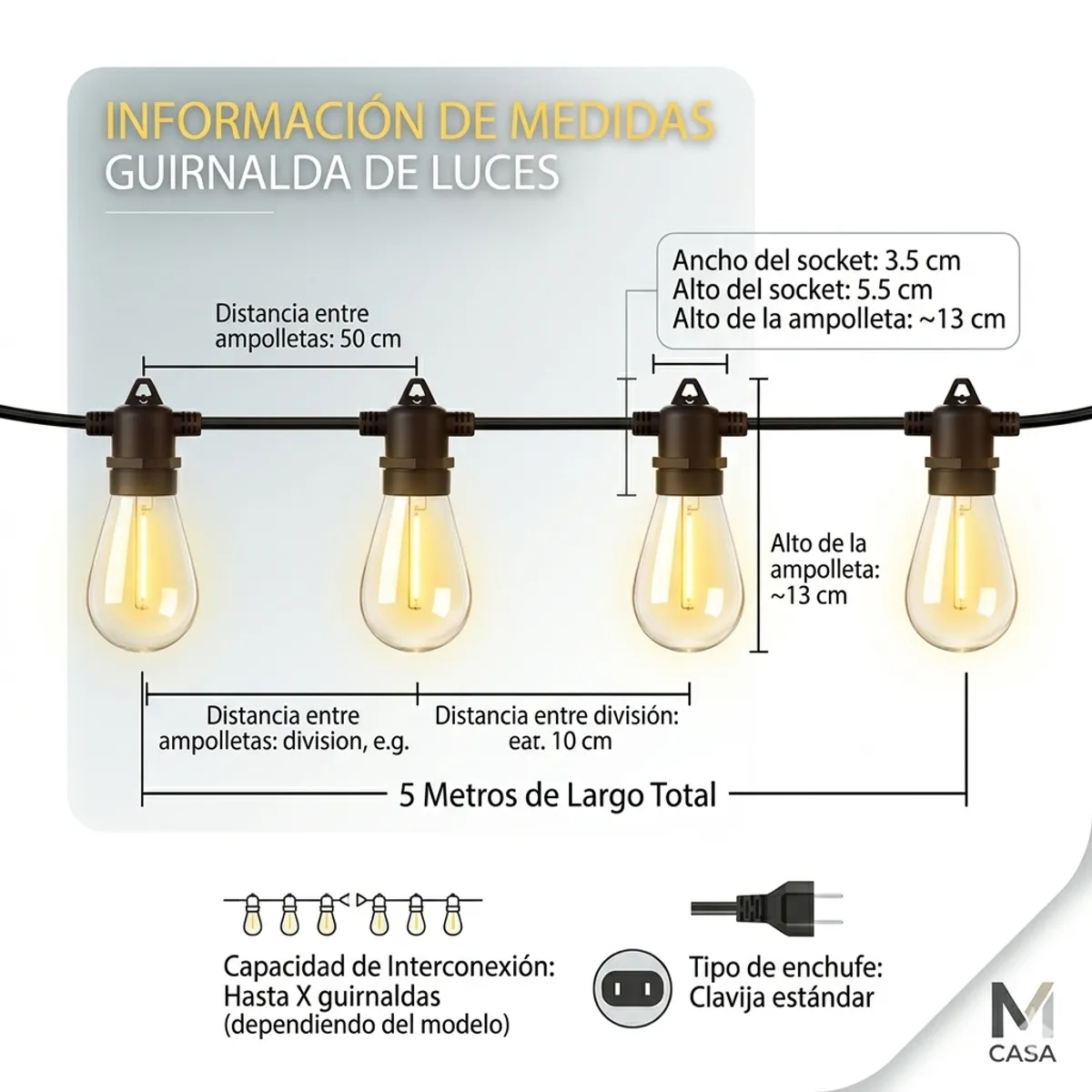 GENERICO - Guirnalda de Luces Exterior Maxwell 5 Metros + 10 Ampolletas Cálidas