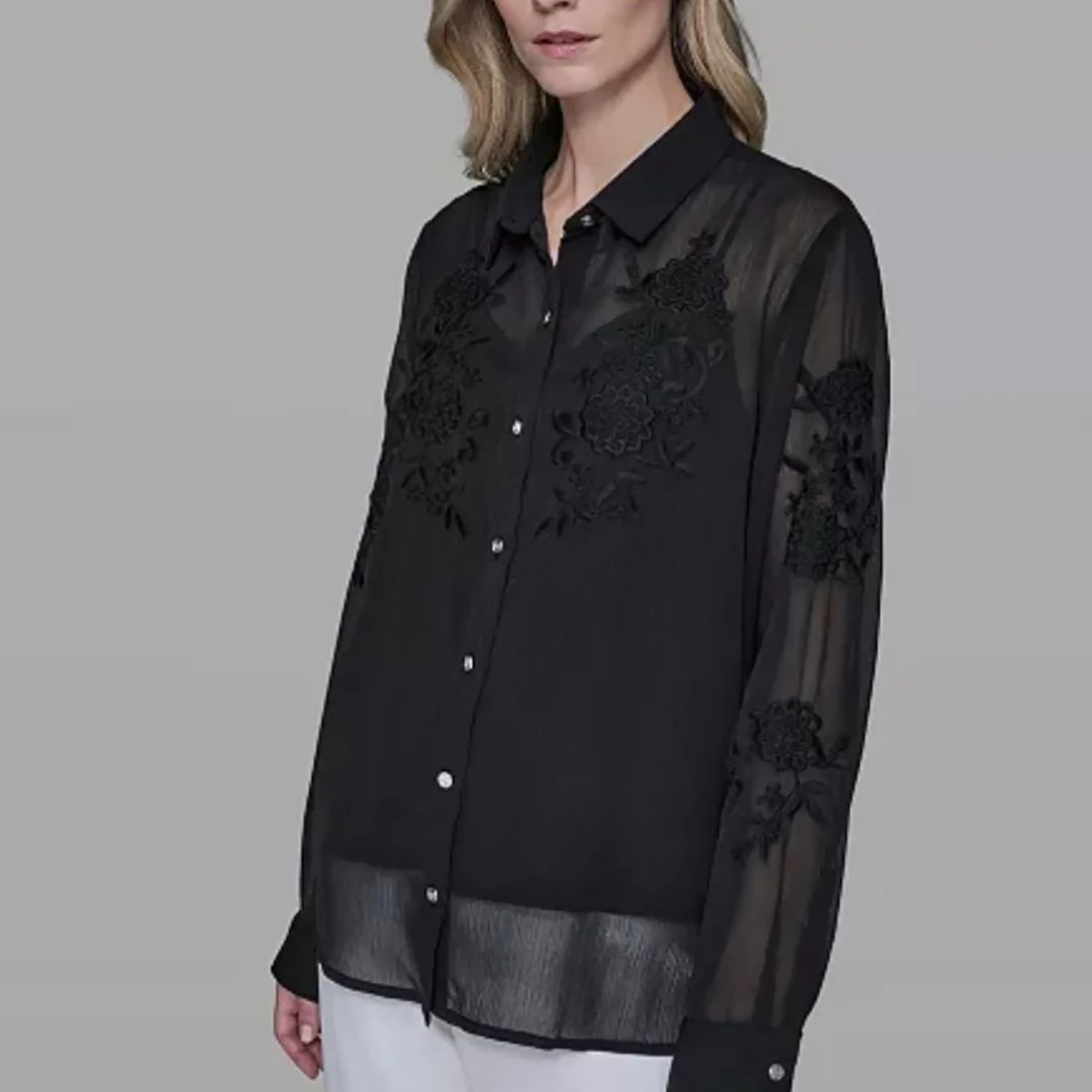 KARL LAGERFELD - Blusa manga larga de malla con estampado de flores