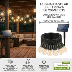 GENERICO - Guirnalda Solar Terraza 20 Metros 20 Ampolletas Led Cálidas