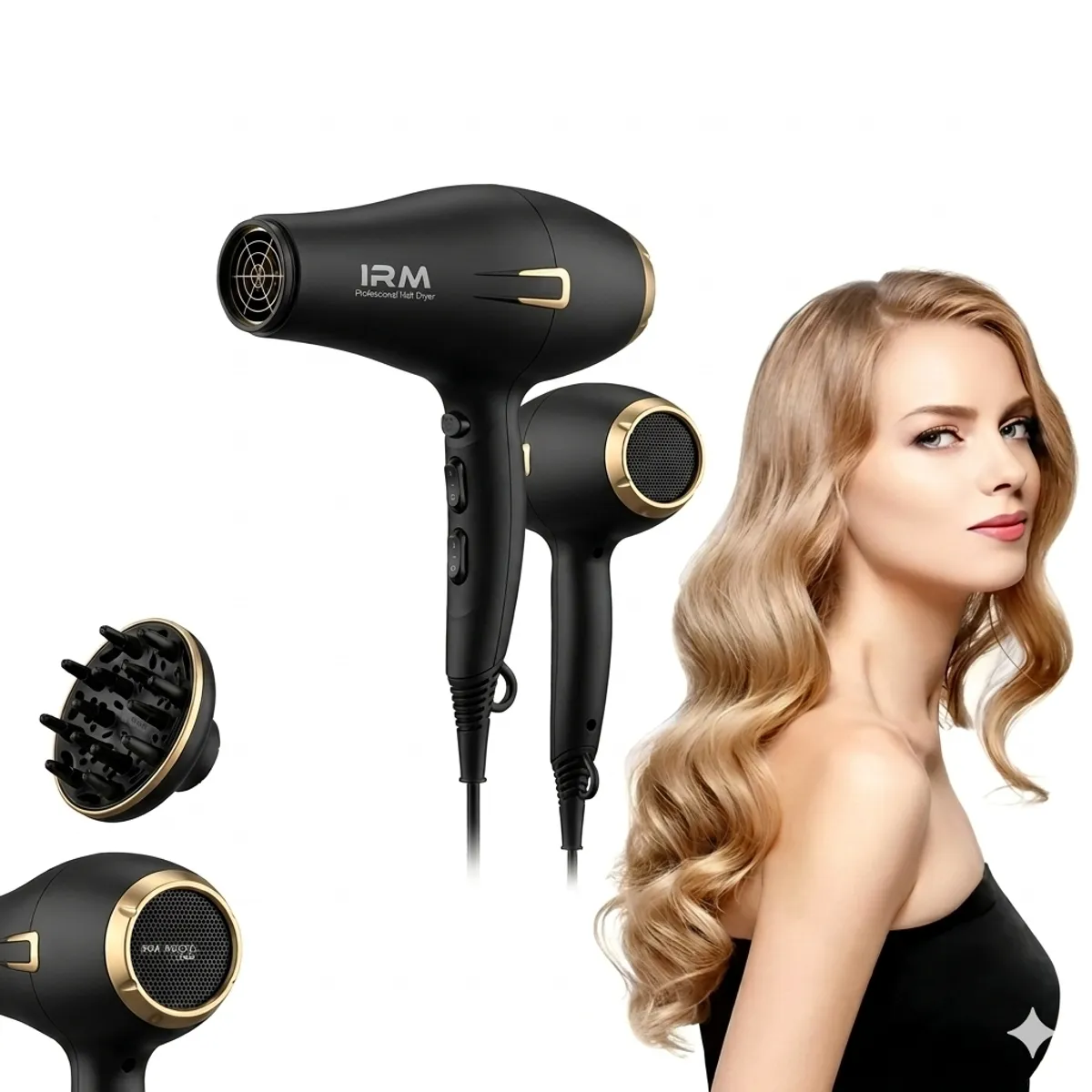 IRM - Secador De Cabello Profesional Con Difusor De Rulos Y Boquilla De Modelado Para Hogar FIGOIMPORT