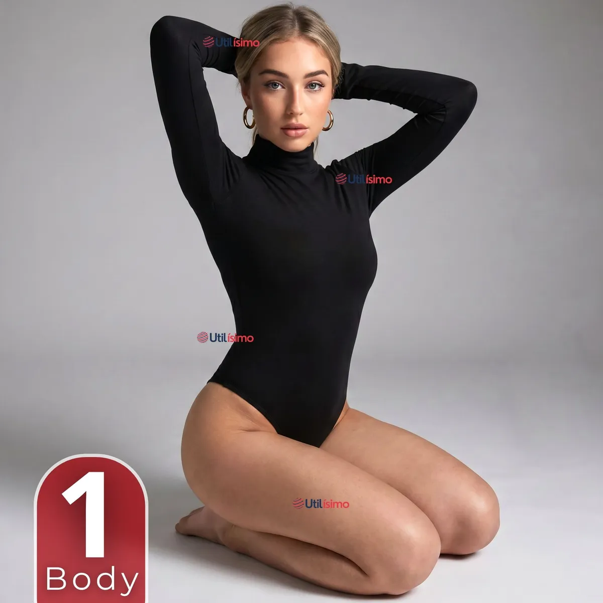 UTILISIMO - Body Manga Larga Bambú Cuello Alto Beatle Mujer Negro