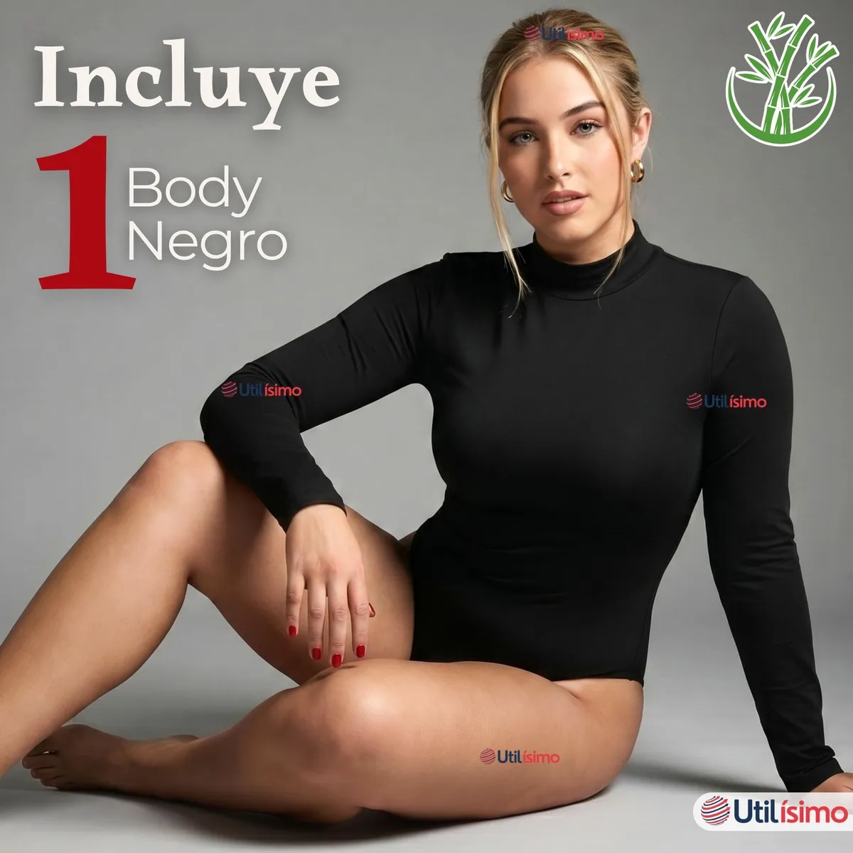 UTILISIMO - Body Manga Larga Bambú Cuello Alto Beatle Mujer Negro