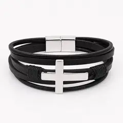 LK LUKSO - Pulsera Hombre Cuero Cruz Acero Inoxidable
