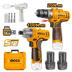 INGCO - Kit Set Taladro + Atornillador Impacto 12v + Batidora -