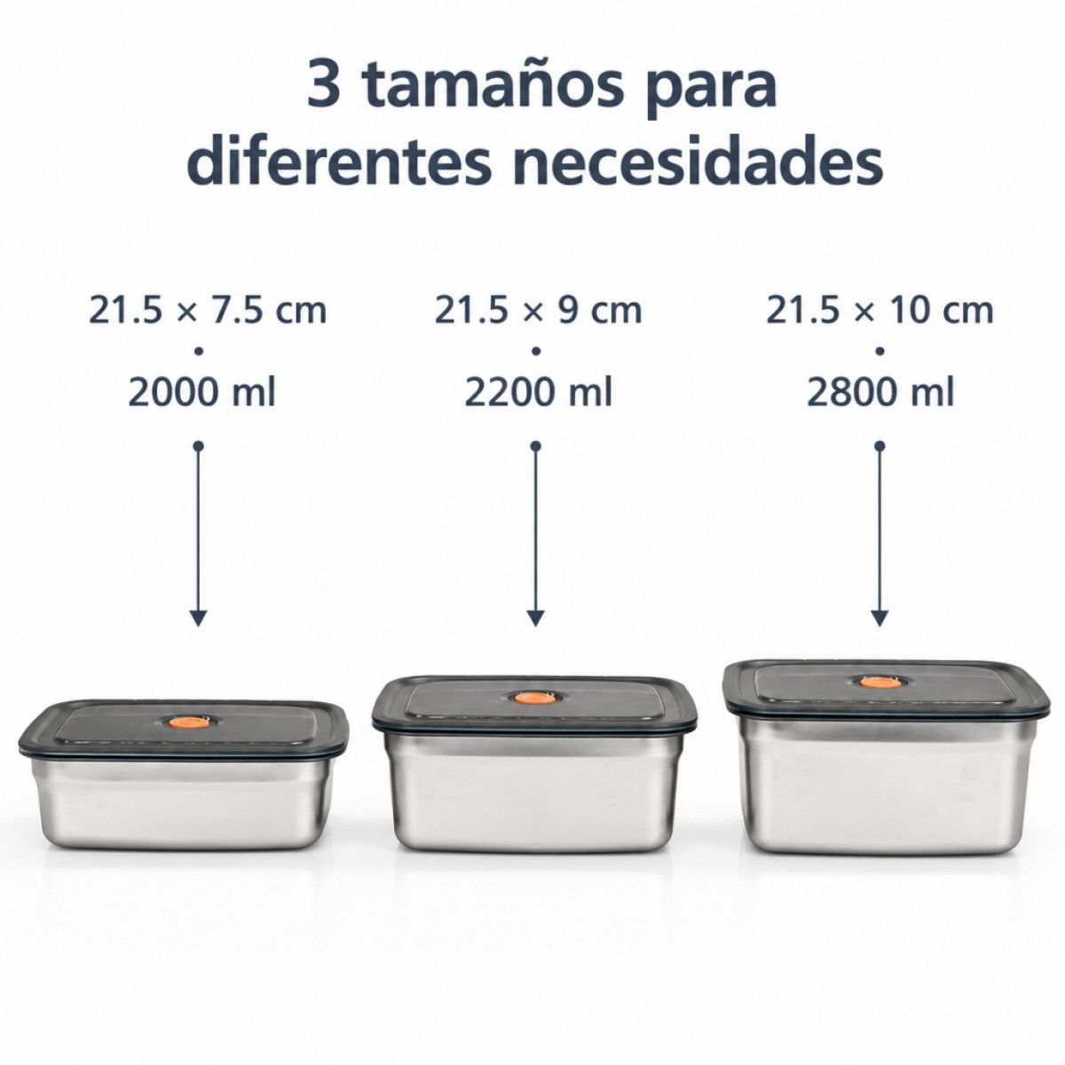 GENERICO - Set 3 envases de acero inoxidable herméticos con válvula de ventilación para conservar alimentos