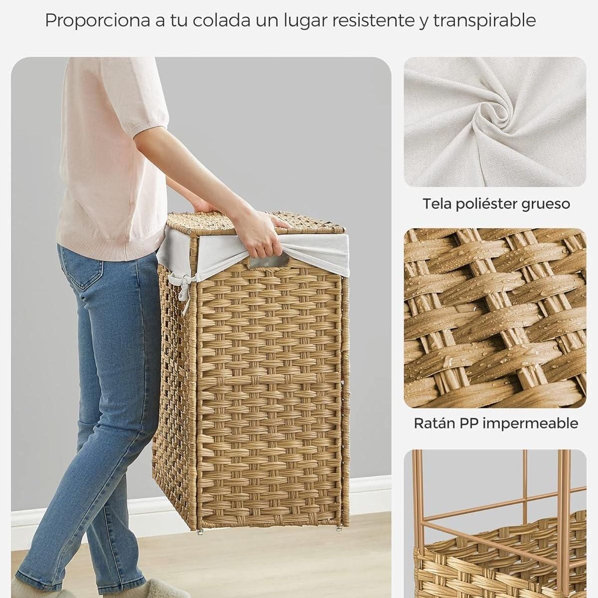 BIANCA HOME - Canasto Carrito Lavandería Para Ropa Bambu + Ruedas Plegable