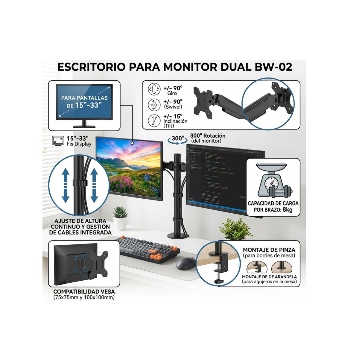 GENERICO - Soporte De Escritorio Para Doble Monitor 15 A 33 Pulgadas BW-02