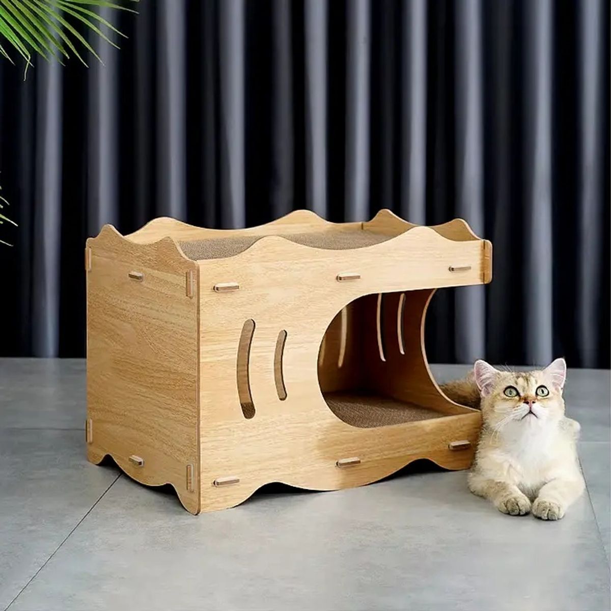 GENERICO - Cama Casa de Madera para Gatos con Rascador Interno