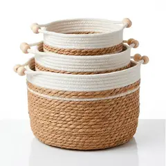 WAKESHOME - Set de 3 Cestas Organizadoras Ibiza Natural con Asas Decorativas