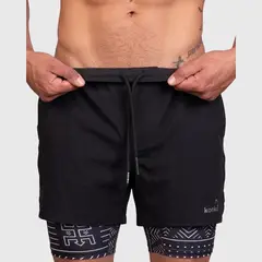 KONKO ACTIVE - Short Deportivo Hombre Con Calza 2 en 1 Doble Capa Negro Africa Konko
