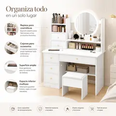 DOPA - Tocador Maquillaje Blanco Con Espejo Led Redondo Y 5 Cajones