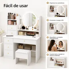 DOPA - Tocador Maquillaje Blanco Con Espejo Led Redondo Y 5 Cajones