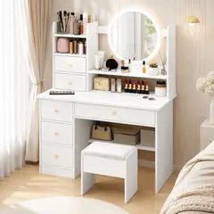 DOPA - Tocador Maquillaje Blanco Con Espejo Led Redondo Y 5 Cajones