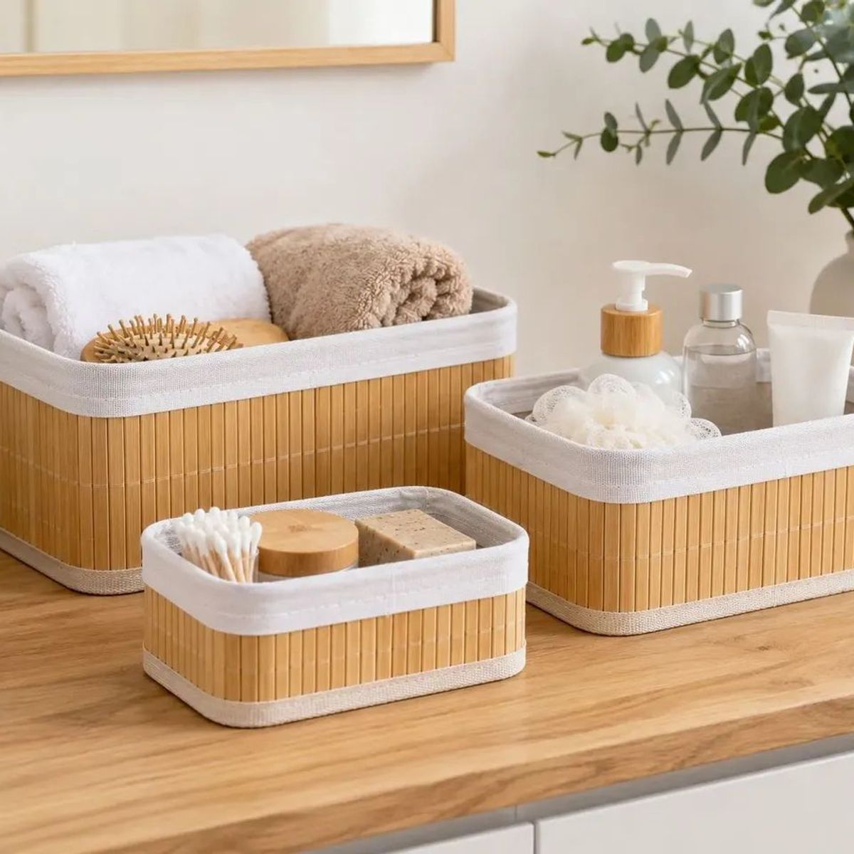 GENERICO - Set 3 Cestas Organizadoras Bambú Yute Baño Hogar Deco