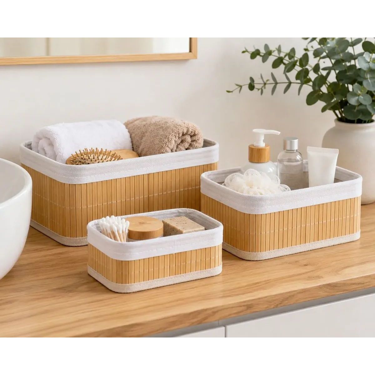 GENERICO - Set 3 Cestas Organizadoras Bambú Yute Baño Hogar Deco