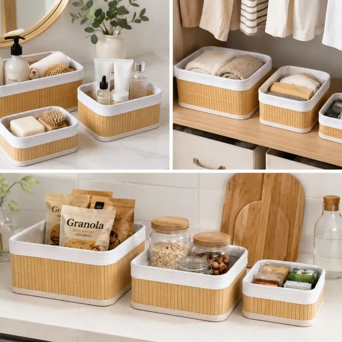 GENERICO - Set 3 Cestas Organizadoras Bambú Yute Baño Hogar Deco