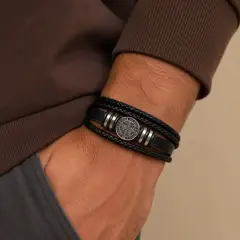 LK LUKSO - Pulsera Cuero Hombre Brújula Vikinga Nórdico Acero Inoxidable