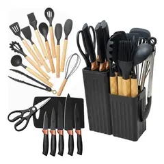IRM - Set De Cuchillos Y Utensilios De Cocina Silicona Con Bloque Organizador Tabla Tijeras Color Negro