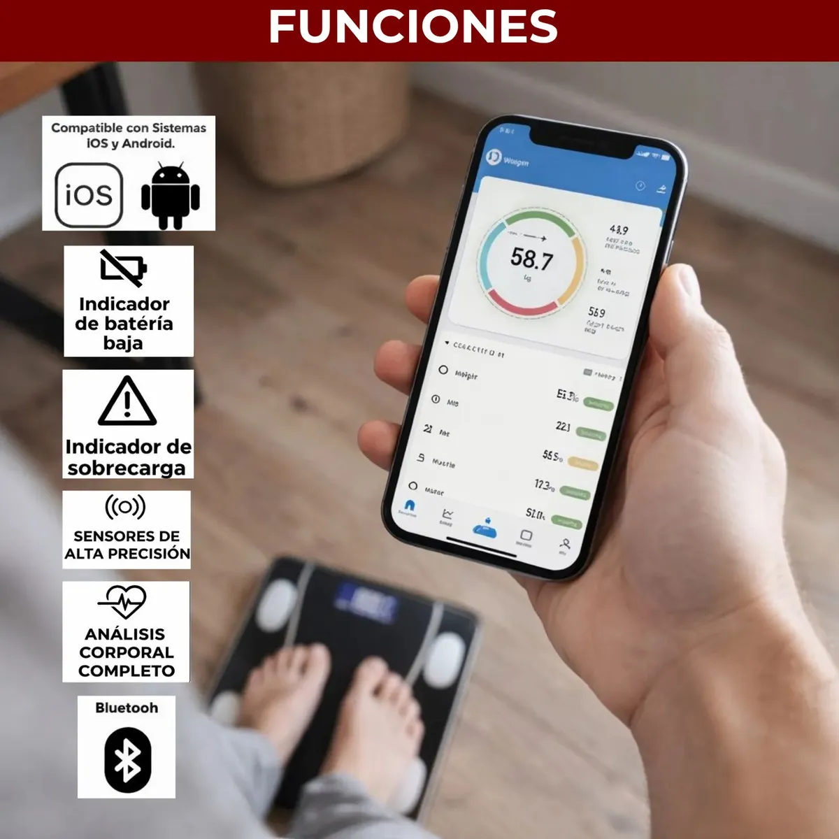 Balanza Digital De Bioimpedancia Inteligente Pesa Corporal Con Bluetooth Grasa Corporal 180kg Negro, marca IRM - Foto 2