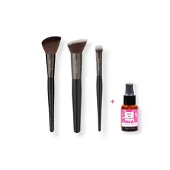 MAGIC MAKEUP - Mini Set 3 Brochas De Rostro + Limpiador Instantáneo Brochas