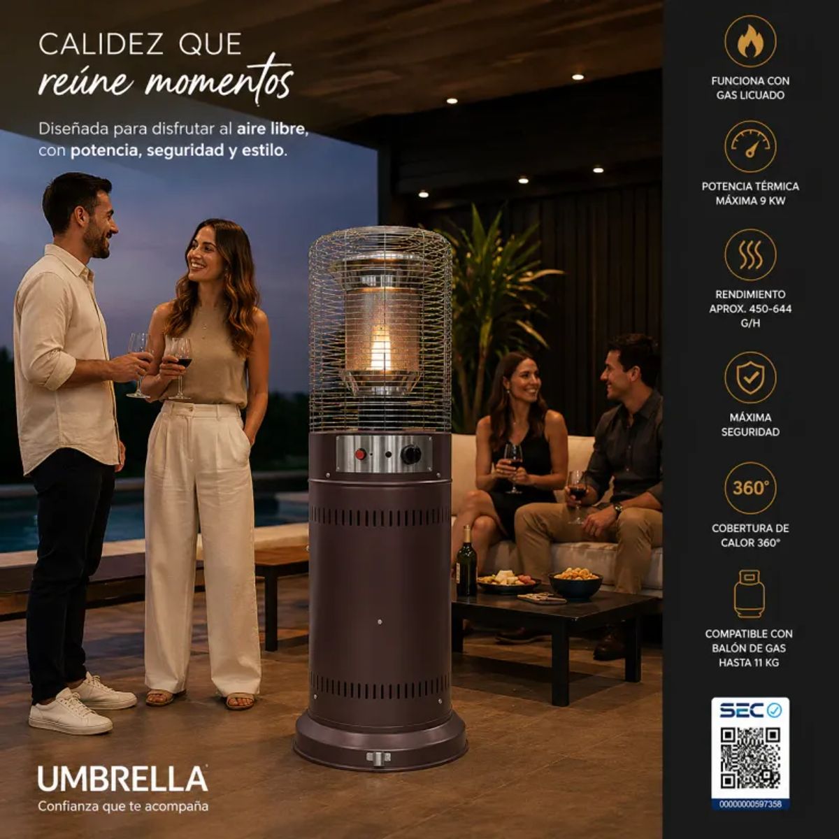 UMBRELLA TECH - Estufa De Patio Baja Gas 11kg Exterior Terraza Umbrella Tech color cobre Sello Sec