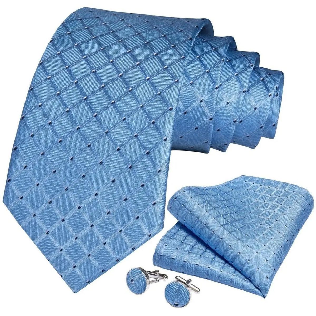 SONEC - Set Corbata Seda Celeste Hombres, Paño Y Colleras. Blue Sky
