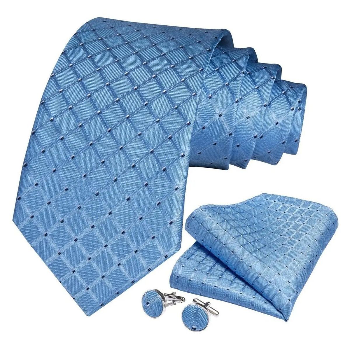 SONEC - Set Corbata Seda Celeste Hombres, Paño Y Colleras. Blue Sky