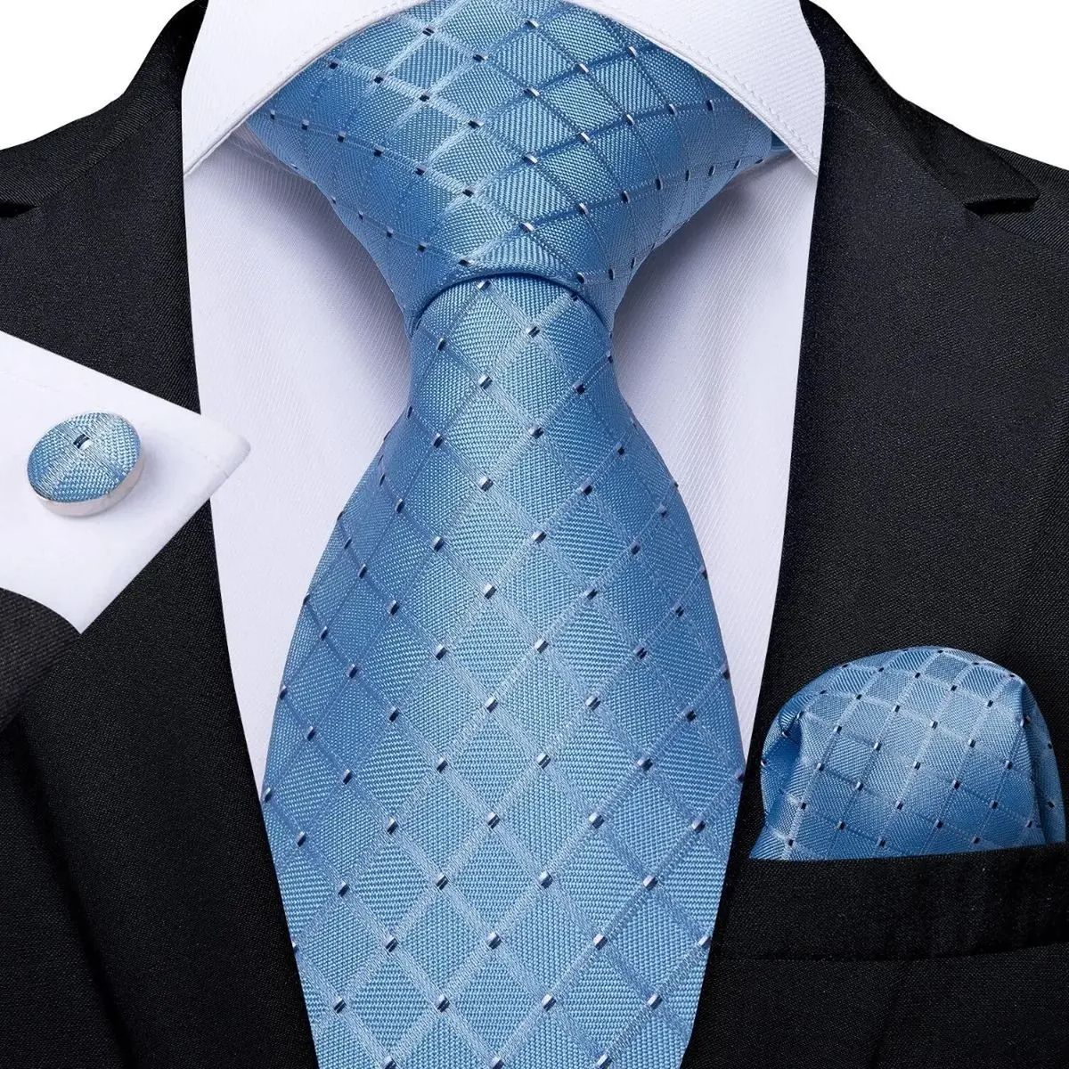 SONEC - Set Corbata Seda Celeste Hombres, Paño Y Colleras. Blue Sky
