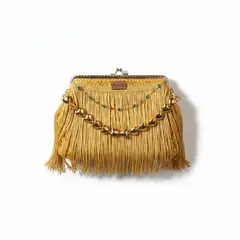 MACRALORE - Cartera de mano Lumière tejida a crochet con flecos dorados y cadena metálica