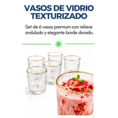 GENERICO - Set de 6 Vasos de Vidrio Texturizado con Borde Dorado: Sofisticación y Estilo en tu Mesa