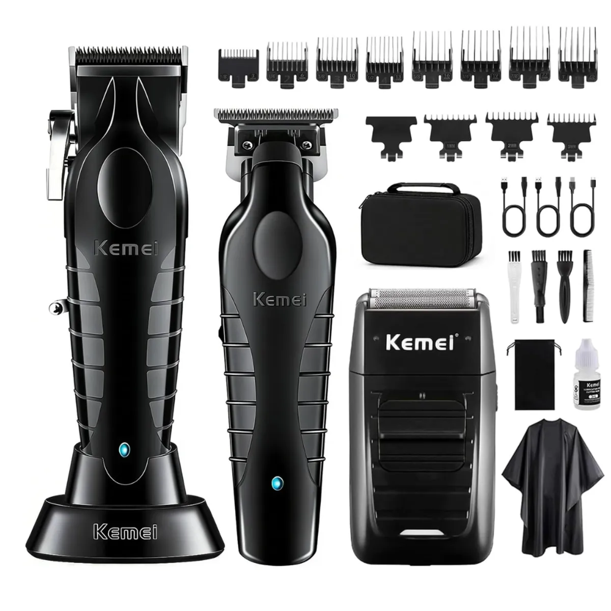 KEMEI - Kit Combo Cortadora de Pelo Profesional Kemei S9 KM-2296 + KM-2299 + KM-1102