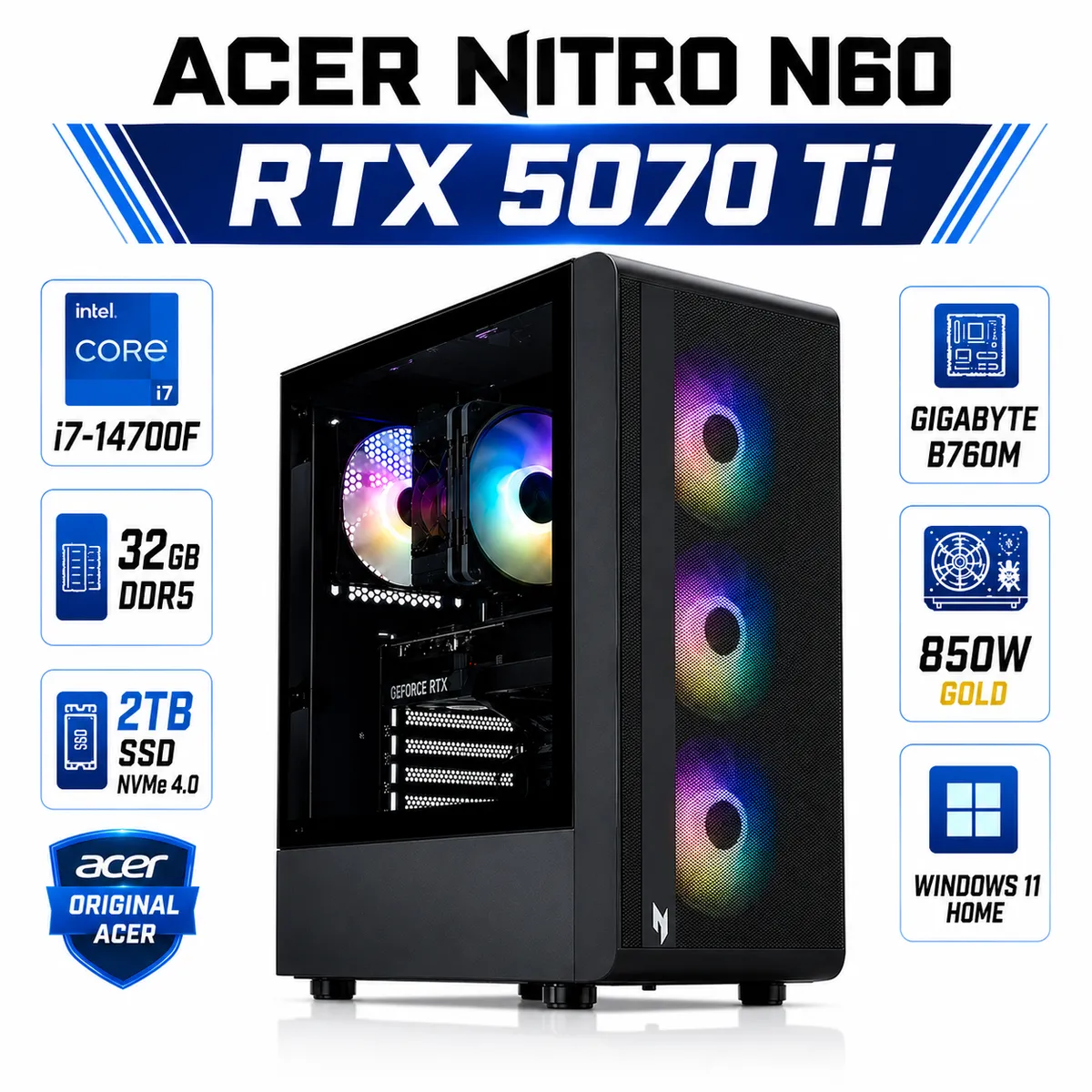 ACER - PC Gamer RTX 5070 Ti i7 14700F 32GB DDR5 2TB SSD Acer Nitro N60