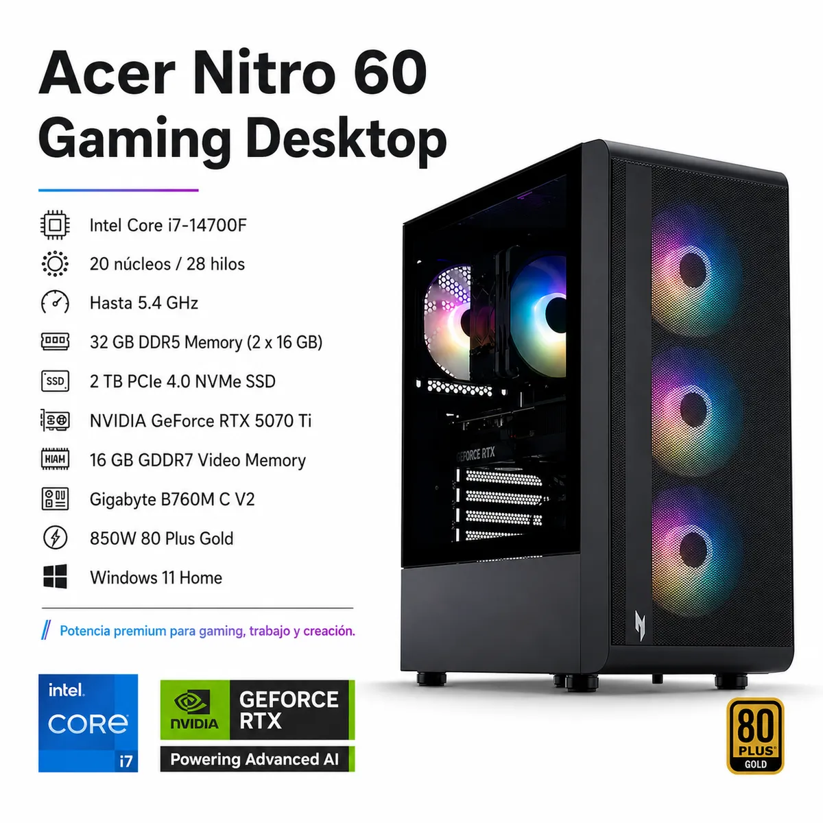 ACER - PC Gamer RTX 5070 Ti i7 14700F 32GB DDR5 2TB SSD Acer Nitro N60
