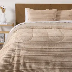 MASHINI - CUBRECAMA PLUMON CORDUROY CORAL MICROFIBRA CON SHERPA BEIGE 2.5 PLAZAS KING