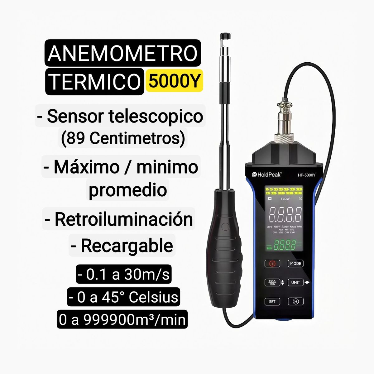 GENERICO - Anemómetro térmico. Anemometro de hilo caliente. HVAC. Sonda telescópica