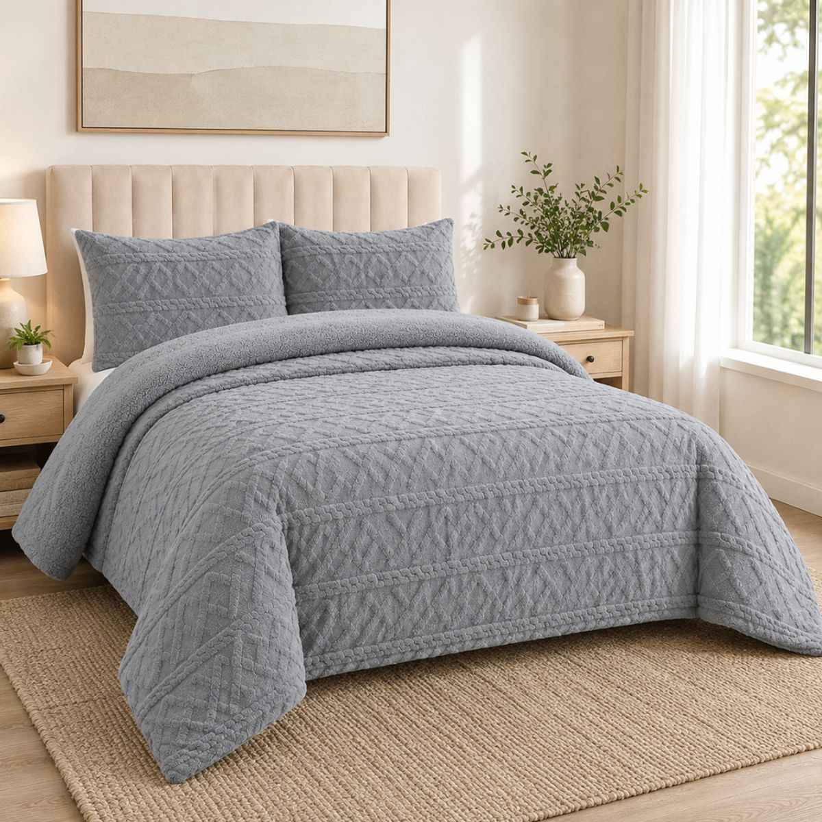 GENERICO - Plumón Chiporro 2 Plazas Diseño Trenzado Plush Térmico Suave y Abrigador Gris