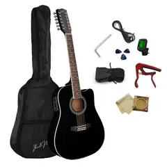 IBRAH - Guitarra Electroacustica De 12 Cuerdas Music 41" Color Negra Con Funda De Transporte Y Pack Accesesorios