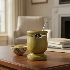 MORLAN - Mate Algarrobo Oliva Natural Con Bombilla Acero Lisa