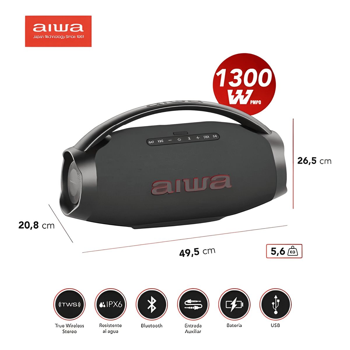 AIWA - Parlante portatil bluetooth boombox ipx6 con tws 130w 6