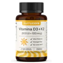 NUTRACORE - Vitamina D3 + K2 MK-7 - 120 Cápsulas Vegetales