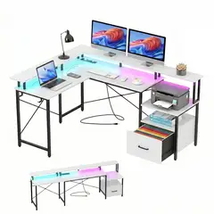 WUWAWDOGA - Escritorio Gamer Profesional Mesas De Computación K Mesa Rgb Blanco 242x87x47cm