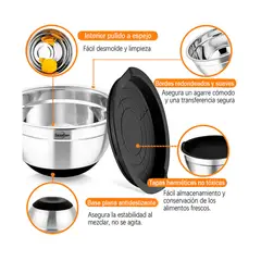 OFERTABKN - 3 Bowls Con Tapa Acero Inoxidable Y Base Antideslizante