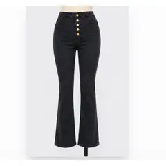 XPRESS RECHARGE - Jean Mujer gris oscuro Tiro Alto Botones Dorados Pierna Ancha Elasticado