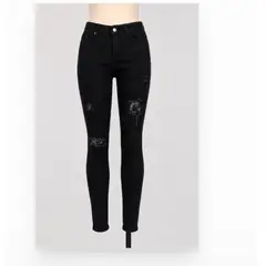 XPRESS RECHARGE - Jeans Mujer Negro Skinny con Brillos y Detalles Desgastados