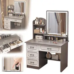 UENMI - Tocador Sencillo Moderno Gris Con Espejo Led 4 Cajones
